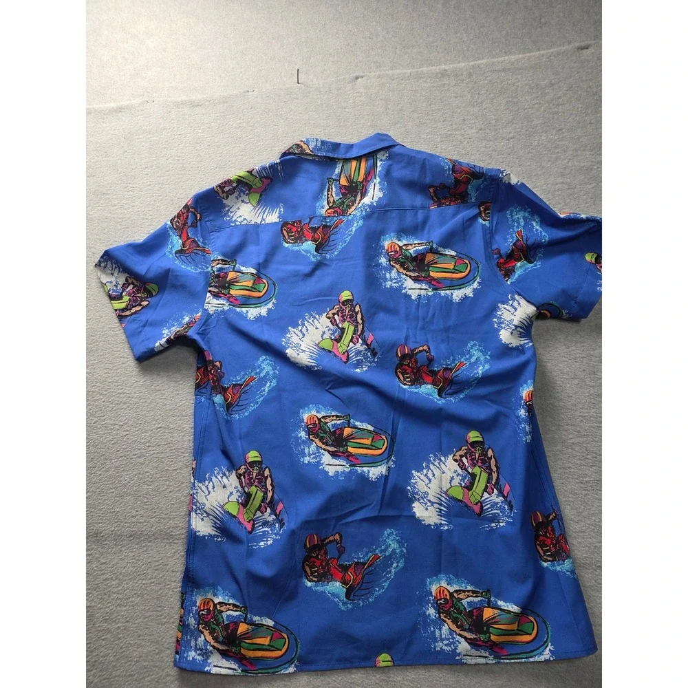 Duvin Design Co Mens MED Blue Jet Ski Graphic Button Up Camp‎ Shirt Short Sleeve
